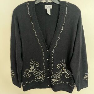 Women’s Vintage Koret Beaded Rhinestone Button Cardigan Size Large Black